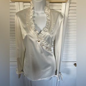 Miss Tina Long Sleeve Blouse Ruffled Neckline Off White Size 6